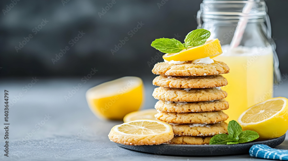Tall Stack of Lemon Cookies Garnished with Mint and Lemon Slices Served with Lemonade on a Gray Table