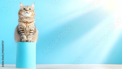 Obraz na płótnie Tabby Cat Sitting On a Blue Pedestal Looking Up in Bright Sunlight Against a Light Blue Background w salonie