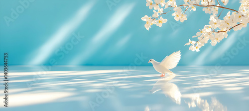 Obraz na płótnie Symbolic White Dove on Reflective Surface Beneath Blossoming Branch Against Pale Blue Backdrop w salonie