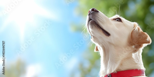 Obraz na płótnie Tan Labrador Retriever Looking Up at Blue Sky with the Sun Shining Through Trees with Red Collar In Portrait w salonie