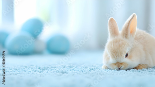 Obraz na płótnie Tan Rabbit Resting on Blue Carpet Surrounded by Light Blue Easter Eggs Near a Window with Soft Lighting w salonie