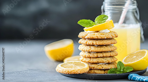 Obraz na płótnie Tall Stack of Lemon Cookies Garnished with Mint and Lemon Slices Served with Lemonade on a Gray Table w salonie