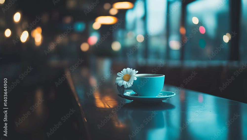 Teal Cup of Tea with Daisy Flower on Wooden Table with Bokeh Background in Cafe