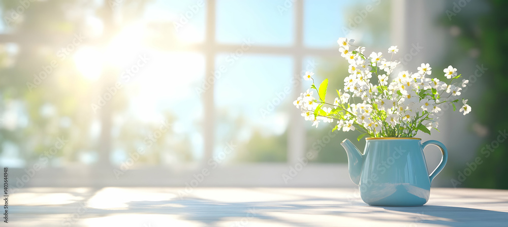 Teapot With White Daisies on Wooden Table With Sunlight Streaming Through Window in Spring Or Summer