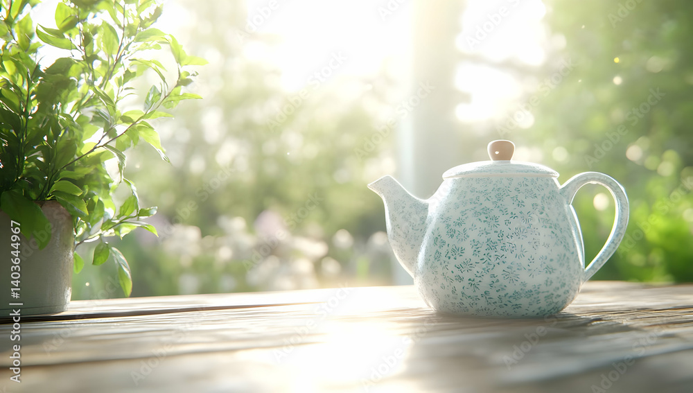 Teapot and Plant on Wooden Table with Sunlight in Garden Setting