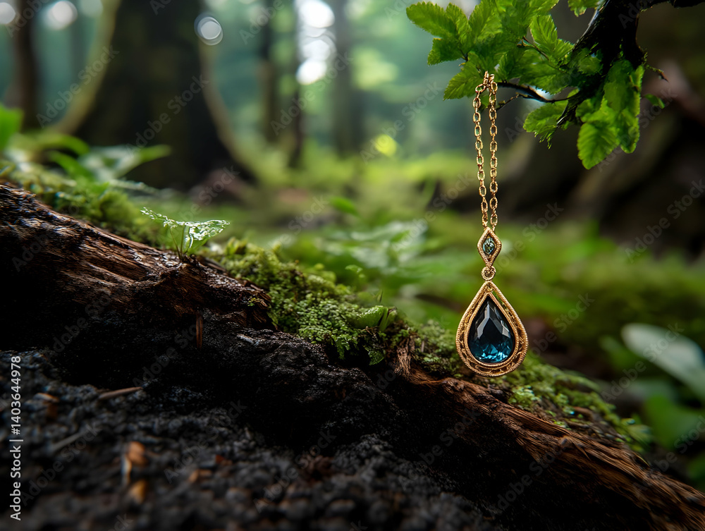 Teardrop Blue Gemstone Pendant on Golden Chain Hanging from Branch with Mossy Forest Backdrop