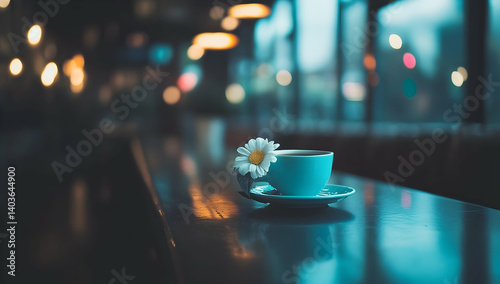 Obraz na płótnie Teal Cup of Tea with Daisy Flower on Wooden Table with Bokeh Background in Cafe w salonie