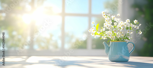 Obraz na płótnie Teapot With White Daisies on Wooden Table With Sunlight Streaming Through Window in Spring Or Summer w salonie