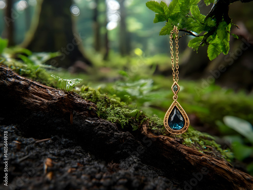 Obraz na płótnie Teardrop Blue Gemstone Pendant on Golden Chain Hanging from Branch with Mossy Forest Backdrop w salonie