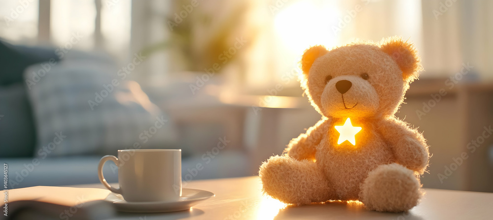 Teddy Bear with Star on Coffee Table Under Golden Sunlight at Indoor Home in Daytime