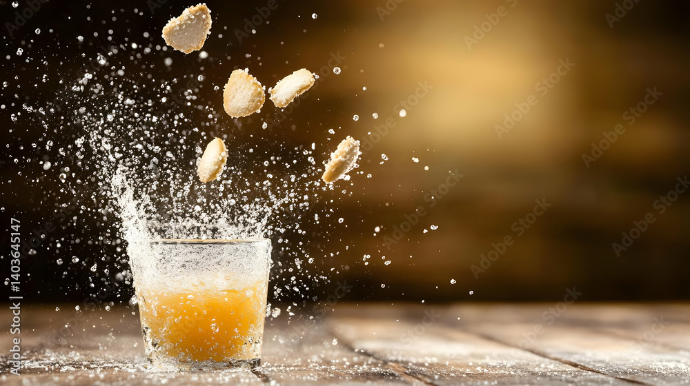 Tequila Shot with Salt Splash on Wooden Table against Golden Blurred Backdrop in Studio Setting