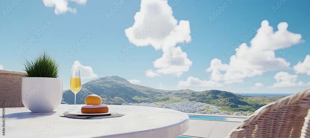 Terrace View with Drink Food and Landscape Against Island Hills Under Blue Sky