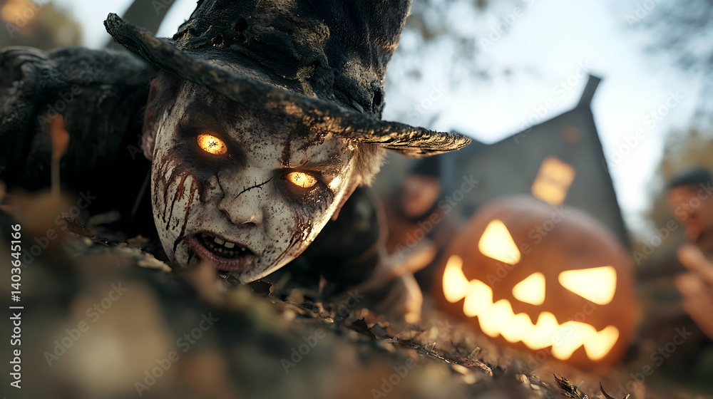 Terrifying Halloween Creature with Glowing Eyes Pumpkin and Dark Background