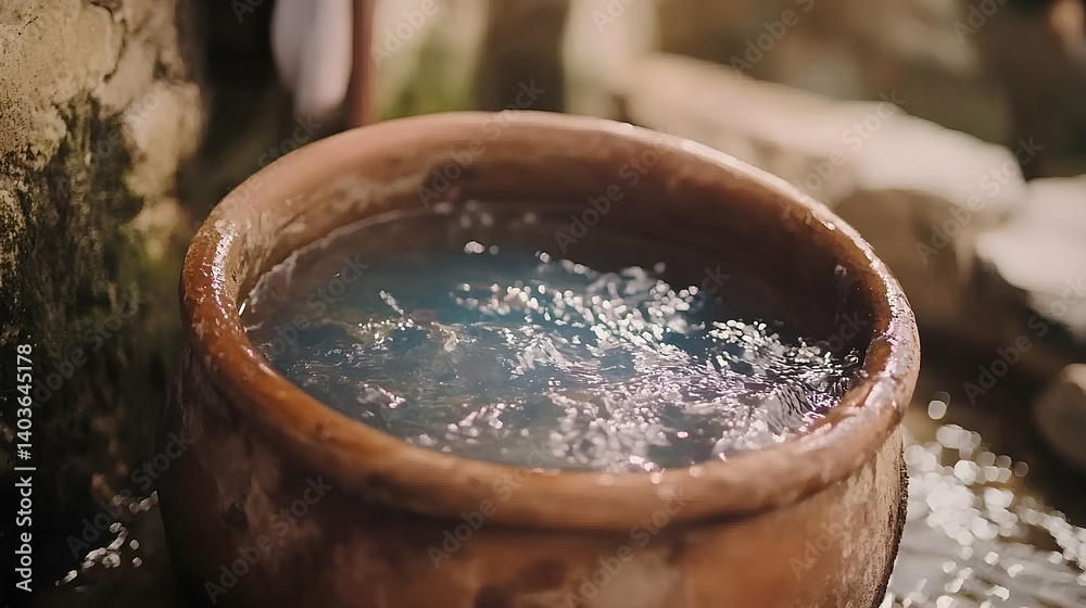 Terracotta Bowl Filled with Water on a Rustic Wooden Shelf Reflecting Sunlight and Shadows with Natural Texture