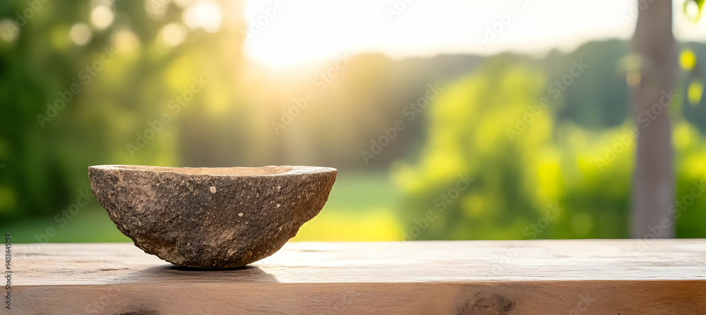 Textured Wooden Bowl on Wooden Table with Sunset Over Green Trees Blurry Background