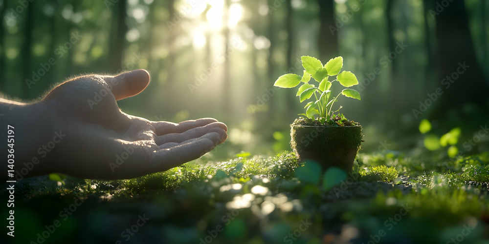 Tender Hand Protecting a Tiny Seedling Plant in Mossy Pot in Forest Lit by Golden Sunlight Symbolizing New Life and Environmental Care