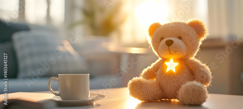 Obraz na płótnie Teddy Bear with Star on Coffee Table Under Golden Sunlight at Indoor Home in Daytime w salonie