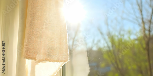 Obraz na płótnie Textured Cream Curtain and Sunny Window with a Glimpse of Trees on a Bright Day w salonie