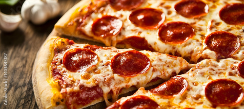 Tempting Close Up of Gooey Pepperoni Pizza Slice on Wooden Surface with Garlic Bulbs