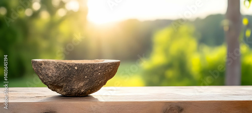 Obraz na płótnie Textured Wooden Bowl on Wooden Table with Sunset Over Green Trees Blurry Background w salonie