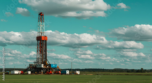 Oil Derrick on Green Field with Overcast Sky For Energy Production in Daytime