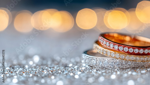 Three Elegant Diamond Rings on Silver Glitter Background with Golden Bokeh Lights
