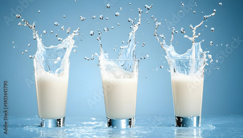 Three Glass of Fresh White Milk Splashing Against Light Blue Background in Studio