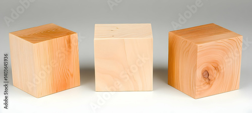 Three Natural Wooden Cubes with Varied Grain Textures on a Neutral Background