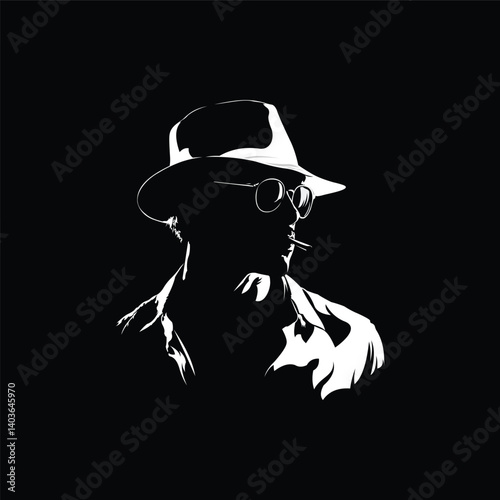 cool man silhouette vector illustration with hat, sunglasses and smoking, black and white vintage cool character illustration