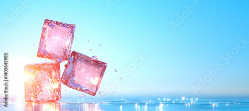 Three Pink Ice Cubes Stacked on a Reflective Surface Against Soft Blue Background with Sparkling Highlights and Subtle Reflections