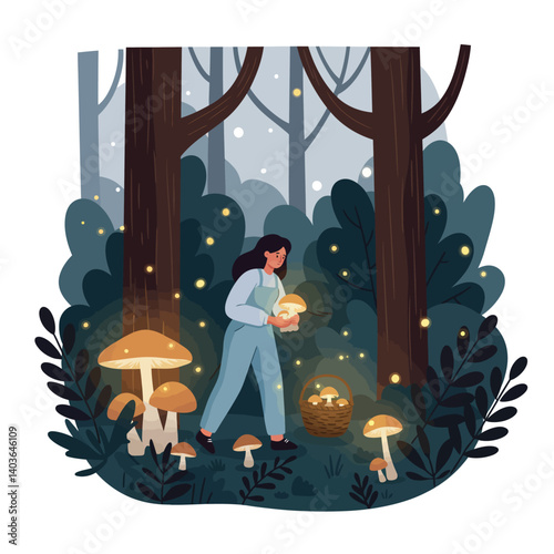 Woman foraging mushrooms in a tranquil forest scene with glowing lights