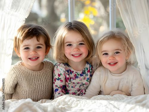 Three Smiling Children in Soft Light by Window Curtains with Beige Knit Blanket in Indoor Portrait