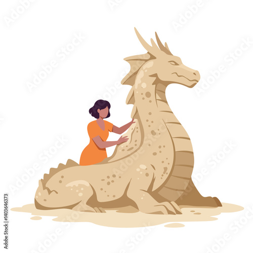 Little boy sculpting a dragon from sand at the beach on a sunny day