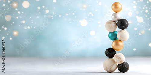 Towering Stack of Colorful Spheres Against a Soft Bokeh Background in a Festive Holiday Theme