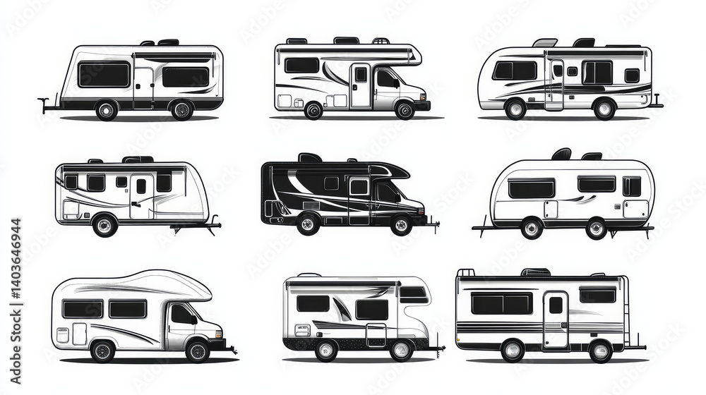 Icons for recreational vehicles. Caravan vector icons in black and white. van, vehicle, and motorhome. Concept of Camping and Tourism Icons for recreational vehicles. Caravan vector icons in black and white. van, vehicle, and motorhome. Concept of Camping and Tourism