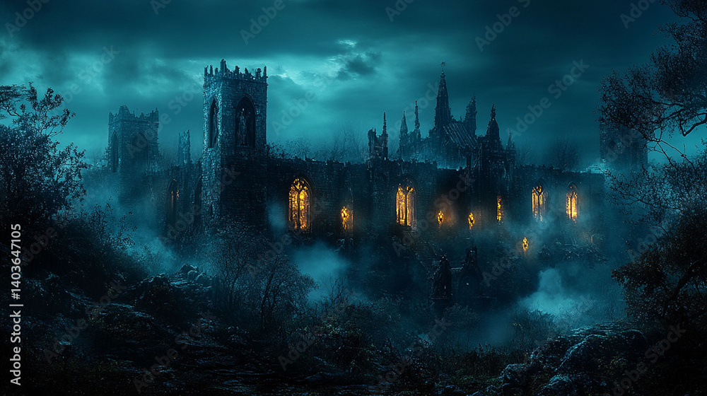Fototapeta premium Haunted medieval castle shrouded in twilight mist.