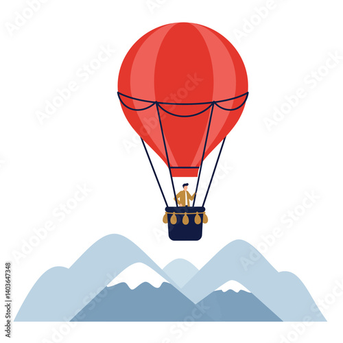 Colorful hot air balloon floating above majestic mountains under a clear sky