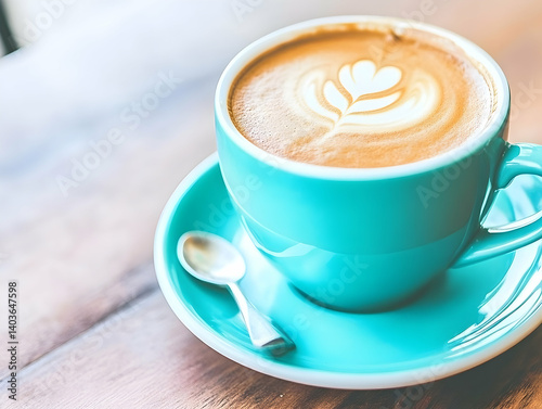 Turquoise Coffee Cup with Latte Art on Wooden Table in Cafe with Spoon