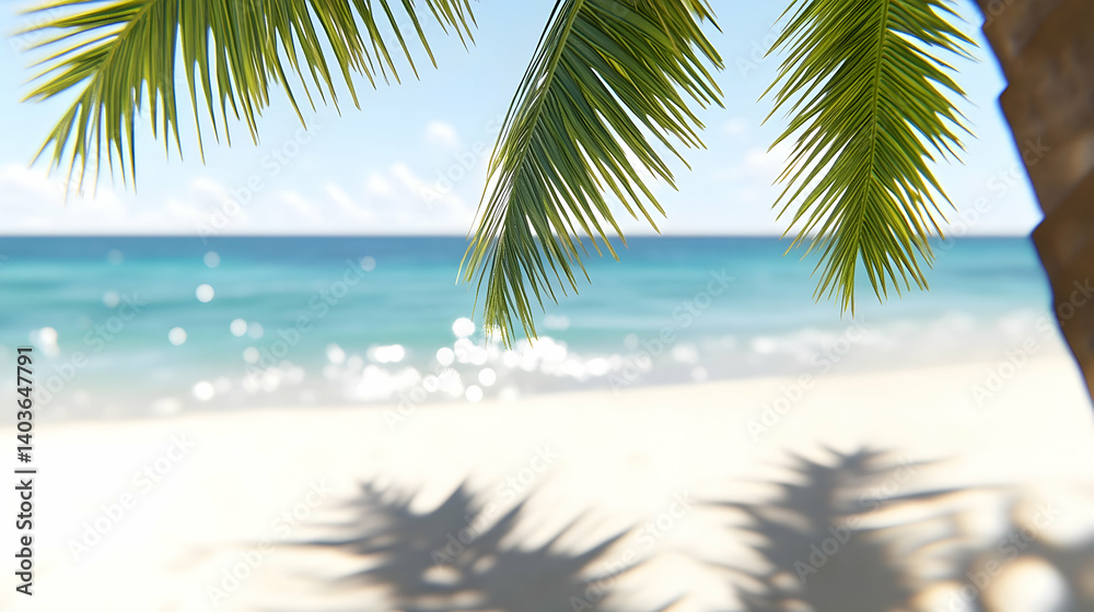 Obraz premium Turquoise Ocean View Under Palm Tree Foliage at Sandy Beach with Azure Water and Clear Skies