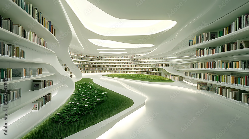 A digital library with voice-activated book searches, sleek white interiors, and a green rooftop garden A digital library with voice-activated book searches, sleek white interiors, and a green rooftop garden