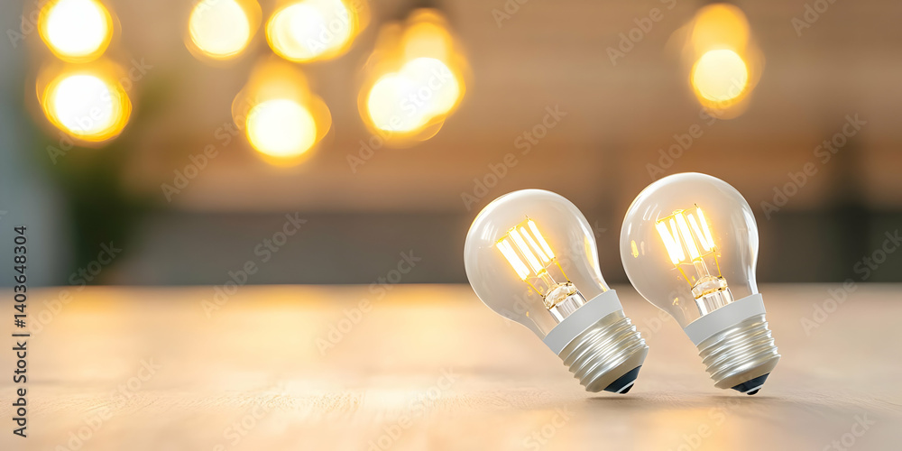 Two Clear Light Bulbs on a Light Wooden Table with a Warm Blurred Lighting Background