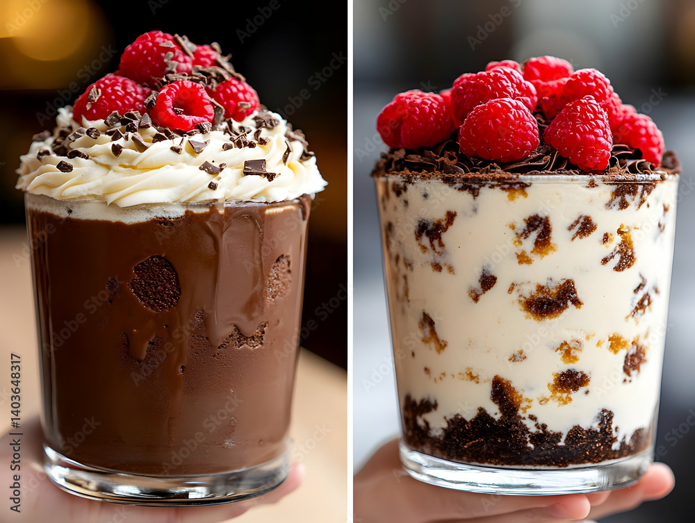 Two Dessert Cups Chocolate Cake and Cream Raspberry Toppings and Chocolate Sprinkles on Clear Glasses