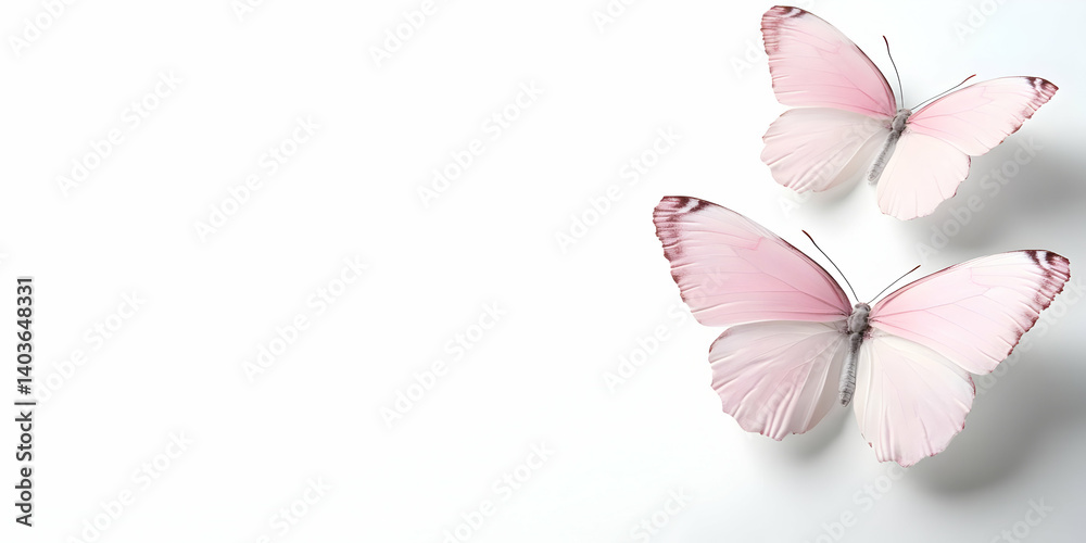 Two Delicate Pink Butterflies on White Seamless Background with Soft Light
