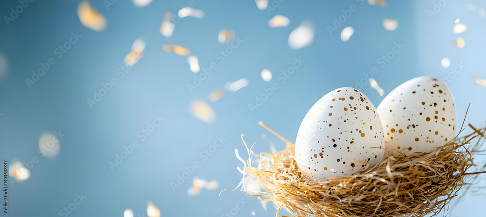 Two Decorative White Speckled Easter Eggs in Golden Straw Nest on Light Blue Background with Bokeh
