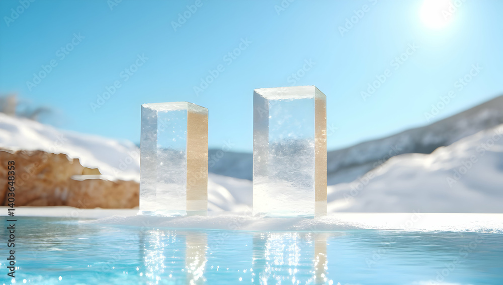 Two Clear Ice Cubes on Snowy Ice Surface with Mountains Under Bright Sunny Sky in Winter