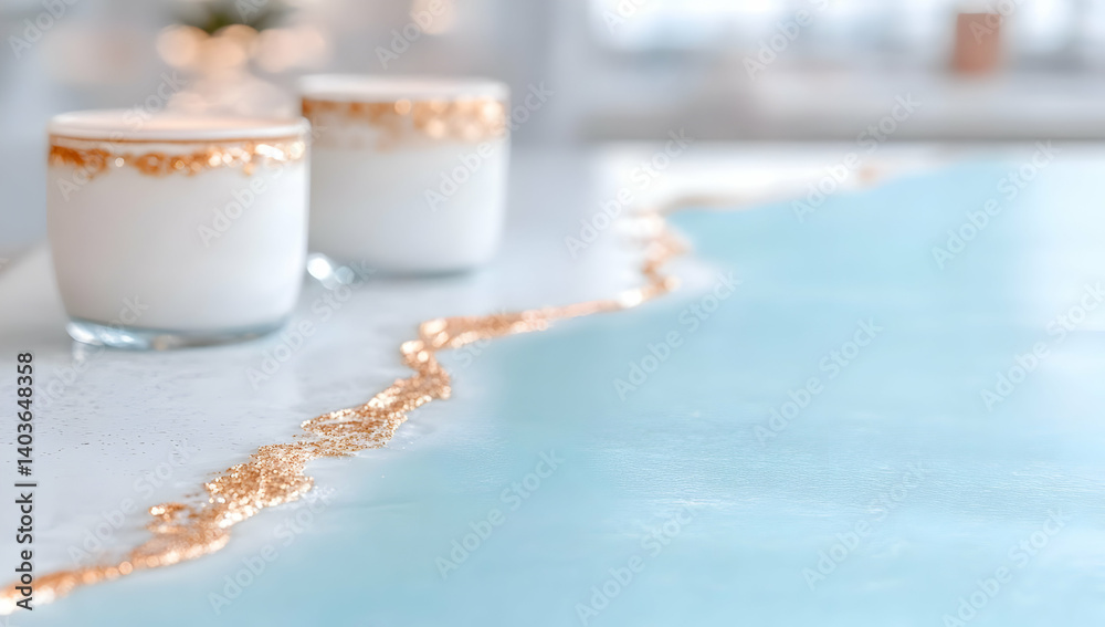 Two Elegant Candles with Golden Details on Light Blue and White Surface in Bright Ambient Lighting