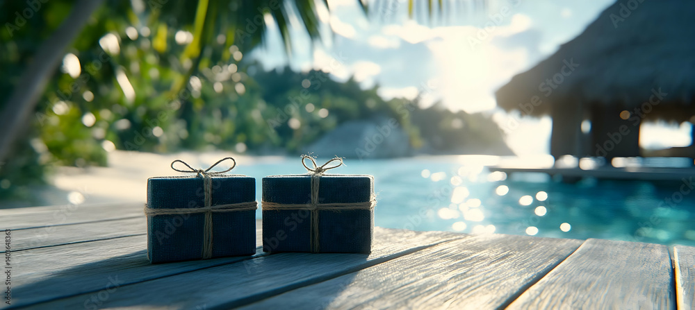 Two Dark Gift Boxes with Jute Twine on Whitewashed Wooden Table at Tropical Beach Resort on Sunny Day