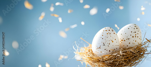 Obraz na płótnie Two Decorative White Speckled Easter Eggs in Golden Straw Nest on Light Blue Background with Bokeh w salonie