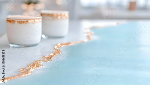 Obraz na płótnie Two Elegant Candles with Golden Details on Light Blue and White Surface in Bright Ambient Lighting w salonie