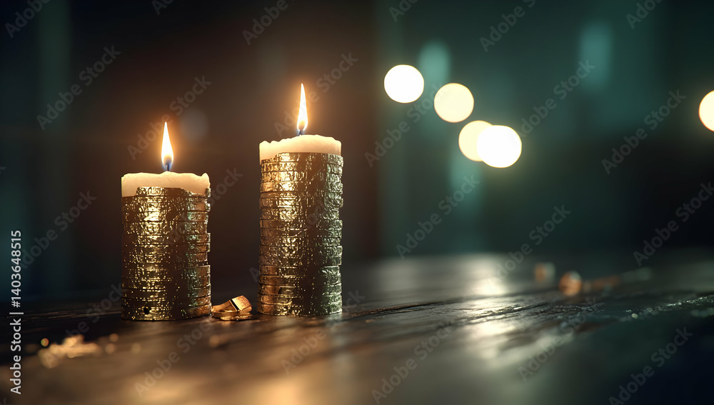 Two Golden Candles Lit on a Dark Wooden Table Creating a Warm and Festive Atmosphere with Bokeh Lights